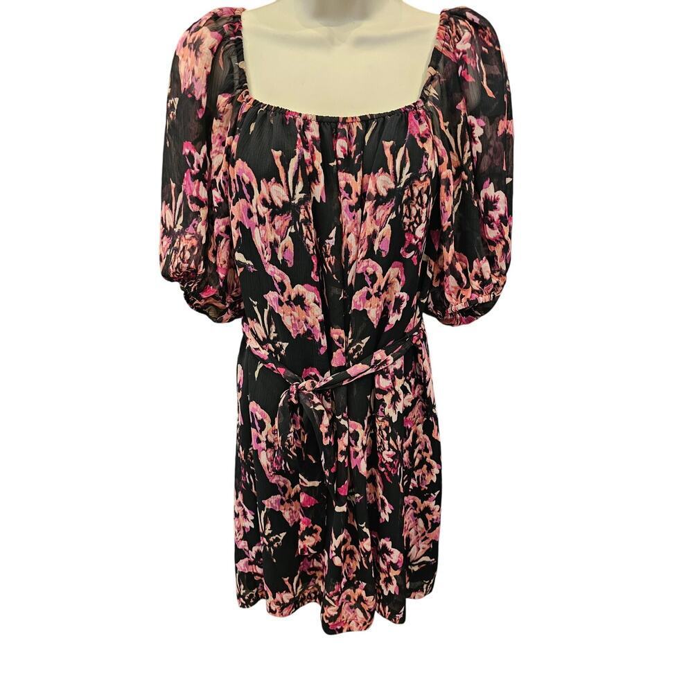 Charles Henry tie waist chiffon lined floral midi dress puff sheer sleeves M EUC